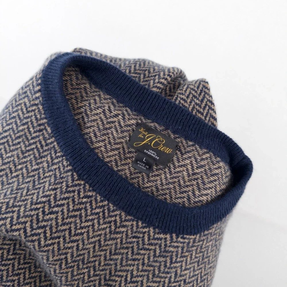 J.Crew 100% Cashmere Herringbone Jacquard Crewneck Sweater Men's Large Blue Tan